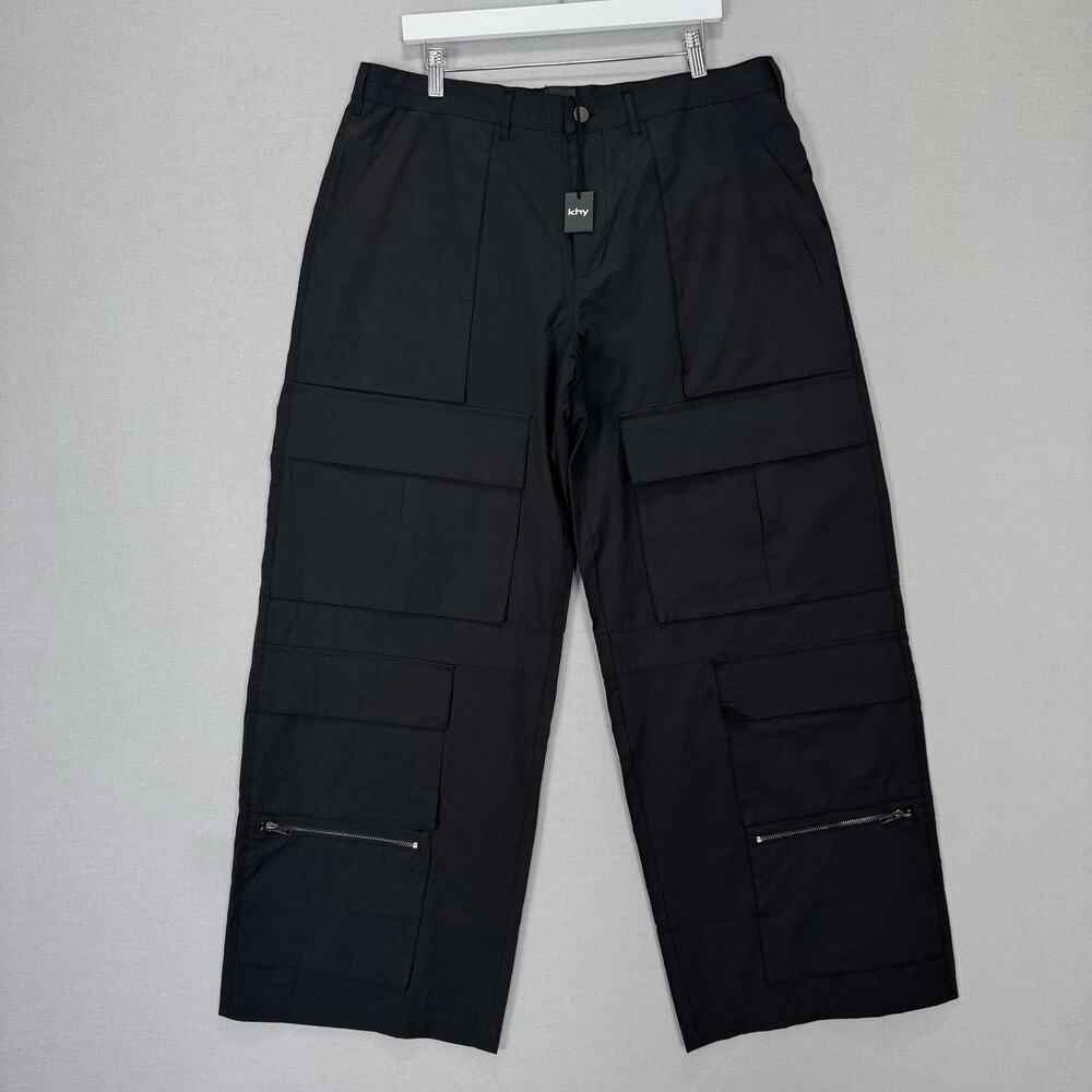 Khy Low Rise Wide Leg Cargo Pants Womens L Black Utility Tech Grunge Streetwear‎